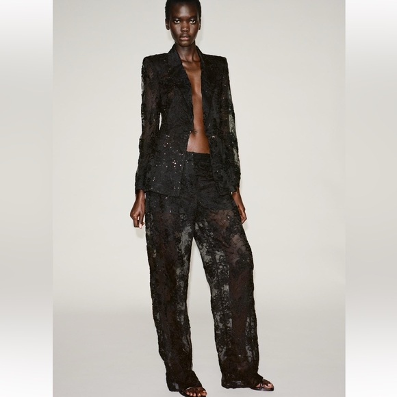 ZARA STRUCTURED SEQUINS SEMI-SHEER BLAZER - Picture 1 of 4